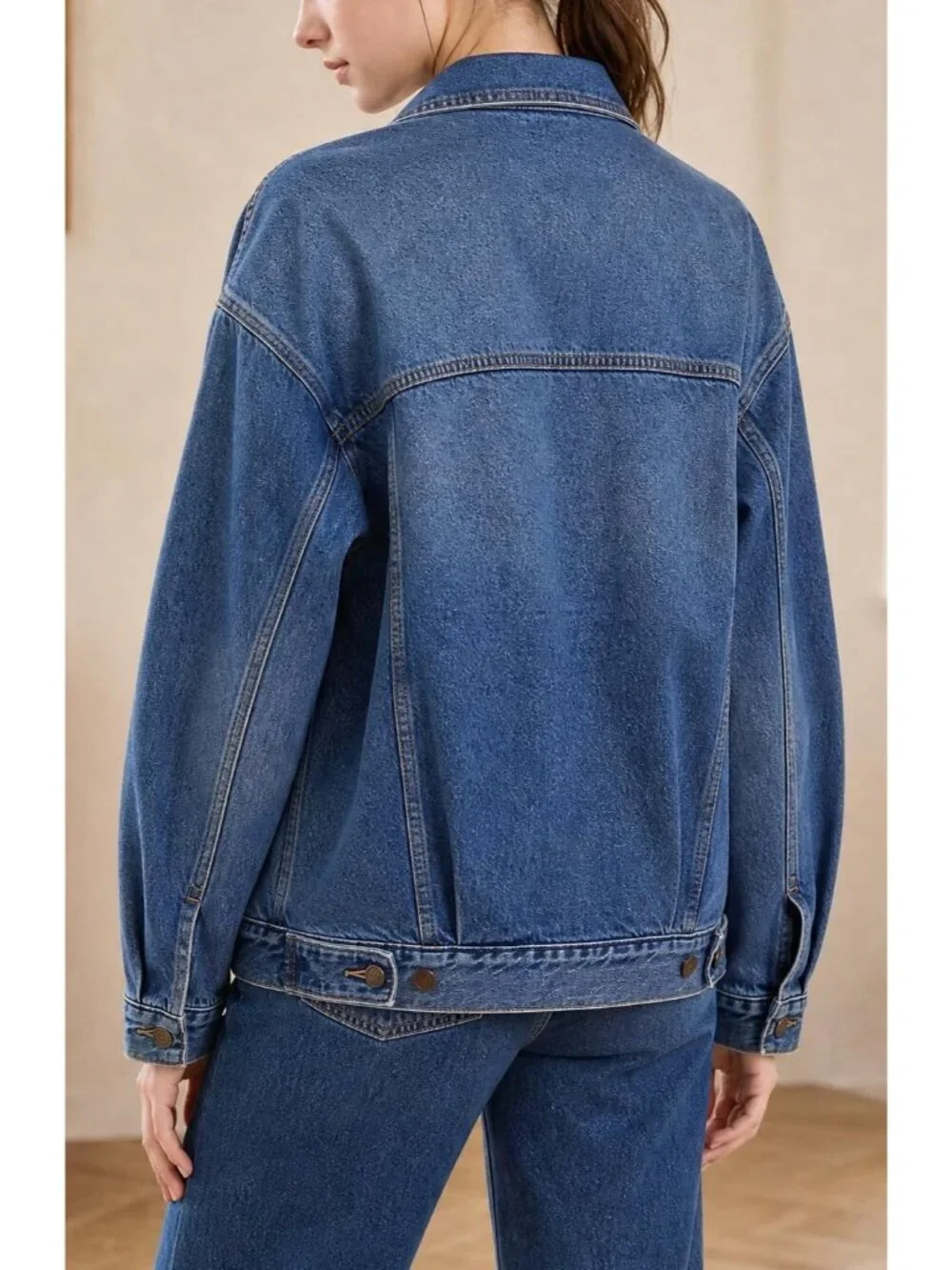 Women's Blue Oversized Casual Trucker Jeans Jacket Long Sleeve Button Down Coat